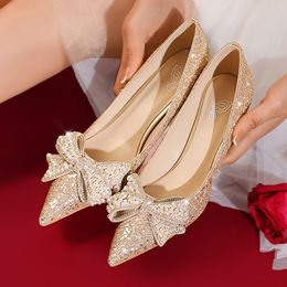 Dress Shoes Sweet Bowknot Pumps Women Gold Silver Bling Sequins Wedding Party Woman Fashion Pearl SlipOn High Heels 230220