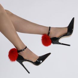 Dress Shoes Ladies Pumps Black For Women High Heels Patent Leather Pointed Toe Red Pompon Stiletto Party Dresses 11cm