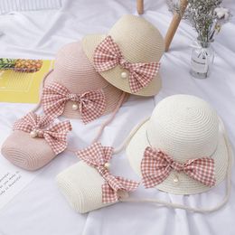 Hats Kids Straw Hat Summer Sun Girls Lovely Caps With Bow Breathable Visor UV Protection Bucket Cap Portable Handbag Sets