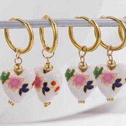 Hoop Earrings & Huggie Cute Flower Painted Beads Ceramic Heart For Women Stainless Steel Gold Hoops Jewelry Girls Gift BijouxHoop Odet22