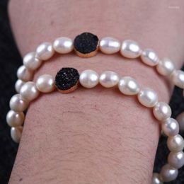 Strand Natural Freshwater Pearl Black Druzy Stone Bracelet Beads For Gift Women