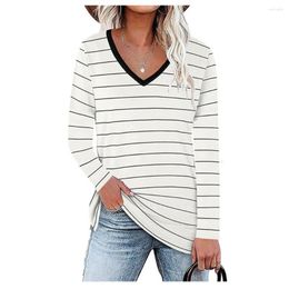 Women's T Shirts 2023 Autumn Women's Long Sleeve Loose Striped Contrast Color T-Shirt Ladies V-Neck Side Slit Casual Pullover