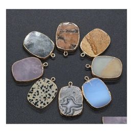 Charms 22X32Mm Square Healing Stone Picture Quartz Crystal Gold Edged Pendant Diy Necklace Women Fashion Jewellery Hjewelry Drop Deliv Dhntt