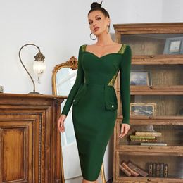 Casual Dresses 2023 Winter Green Colour Women Long Sleeve Square Collar Bodycon Midi Dress Rayon Bandage Fashion Celebrate Birthday Costume