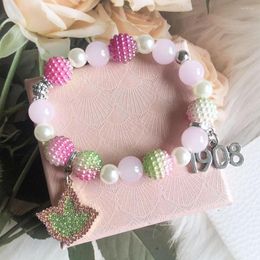 Strand Hand Made Greek Sorority Elastic Pink White Rhinestone Founded Date Charm Pendant Bracelet Jewellery