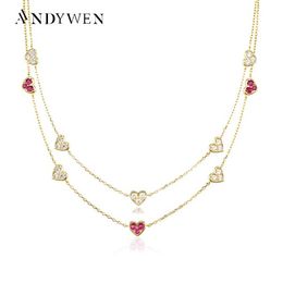 925 Sterling Silver Gold Love Heart Clear Rose Red Charm Long Chain Choker Necklace Pendant Women Wedding Luxury Jewelry