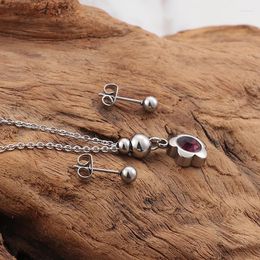 Chains Fashion Women Purple Colour Zircon Stainless Steel Flower Silver Ball Pendant Necklace Earrings Jewellery