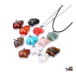 Pendant Necklaces Natural Stone Carved Elephant Necklace Opal Tigers Eye Pink Quartz Crystal Chakra Reiki Healing For Women Jewelry Dhl6J