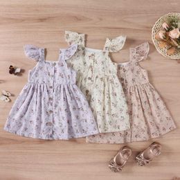 Girl Dresses Baby Girls Floral Dress Kids Sleeveless Cotton Print Buttons Sling Vestidos Summer Ceremory Party Elegant 1-7 Years