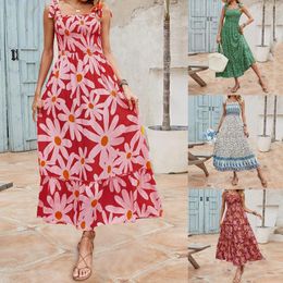 Casual Dresses Womens Boho Summer Floral Print Tie Straps Sleeveless Square Neck Smocked Flowy Ruffle A Line Maxi Dress Loose