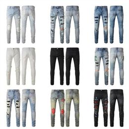 2023 New Mens Jeans Slim Jeans Pantalon en cuir de cr￩ateur en denim en d￩tresse avec des lettres de trous d￩chir￩es en lambe
