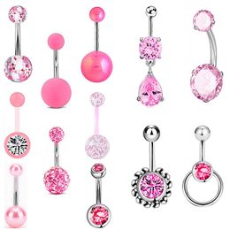 12pcs/set Navel & Bell Button Rings Piercing for Women Pink Crystal Ball Bar Surgical Steel Summer Beach Fashion Body Jewelry