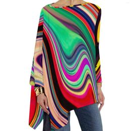 Women's T Shirts Abstract Print T-Shirts Colorful Marble Modern T-Shirt Female Long Sleeve O Neck Korean Fashion Tops Oversized Graphic Tees