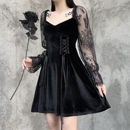 Casual Dresses Lady Lace Patchwork Long Sleeve Drawstring Waist Empire Mini Goth Black Gothic Women Cool Dress 2023 AutumnDark Lolita