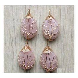 Charms Gold Colour Pink Rose Quartz Wire Wrap Handmade Tree Of Life Natural Stone Pendants Diy Necklace Jewellery Making Drop Delivery Dhd58