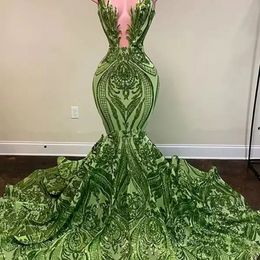 Sparkly Sequin Green Mermaid African Prom Dresses Black Girls Long Graduation Dress Plus Size Formal Evening Gowns BC11328