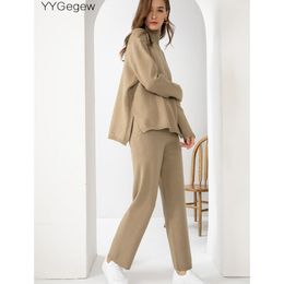 Women's Tracksuits oversize casual 2 Pieces sweater Set Women turtleneck Sweater Pullover straight Trousers women CHIC sweater thick pants suit 230220