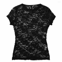 Women's T Shirts Sexy Women's See-through T-shirts Fashion Sheer Mesh Lace Slinny Crop Tops Short Sleeve Clubwear O-neck Shirt Ropa