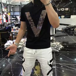 Men's T-Shirts New Mercerized Cotton V-pattern Rhinestone Designer Male Slim fit Casual Tees Black White Fashion Trend Short Sleeve Top Clothes M-5XL