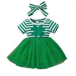 Girl Dresses 0-2 Years Baby Girls Green Dress Toddler Kids Striped Print Short Sleeve Tulle Princess Headband Outfits Sets