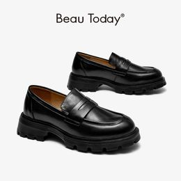 Dress Shoes BeauToday Penny Loafers Women Genuine Cow Leather Round Toe Thick Sole SlipOn JK Uniform Handmade 27764 230220