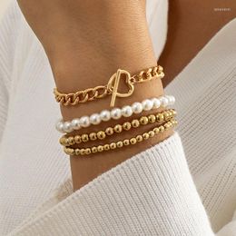 Strand Gold Bead Toggle Chain Wrist Bracelets For Women Fashion Jewelry Multilayer Pearl Heart Charms Bracelet Set 2023