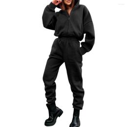 Women's Two Piece Pants 2 Pcs/Set Tracksuit Women Coat Set Loose Zipper Hooded Solid Colour Warm Fleece Elastic Cuff Thick Ensemble Femme