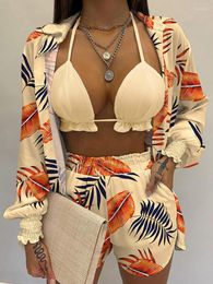 Women's Tracksuits 3PCS Tropical Print Lantern Sleeve Open Stitch Shirt & Shorts Set With Crop Top