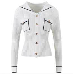 205 2023 Spring Summer Women Sweater Long Sleeve Lapel Neck White Black Pink Blue Striped Cardigan Womens YL6