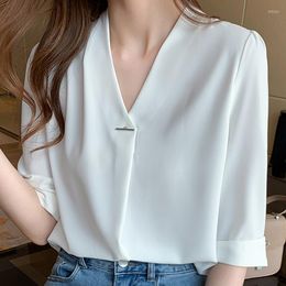 Women's Blouses Blusas Mujer De Moda 2023 Summer V-Neck White Blouse Chiffon Shirt Women Ladies Tops Womens Clothing Femme Y Camisas