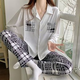 Women's Sleepwear Women 2 Pieces Pyjamas Sets Cotton Pijama Plaid Female Pyjama Long Sleeve Shirt Pants Suit Homewear Loungewear