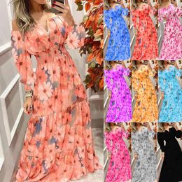 Casual Dresses Vintage Print V-neck Slim Long Sleeve Dress For Women 2023 Spring Summer Sxey Off Shoulder High Waist Bohemia