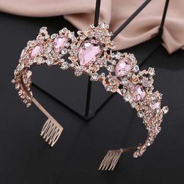 Tiaras Gorgeous Pink Crystal Crown Royal Queen Tiaras Headbands for Girls Prom Bridal Crowns Bride Diadem Wedding Hair Jewellery Z0220