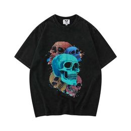 Men's T-Shirts Streetwear Summer Y2K Skull Print Washed Vintage Tshirts for Men Crew Neck Oversized Unisex Short Sleeve Casual Top Tees Z0220