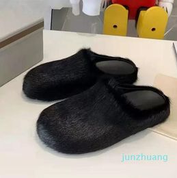 Fashion Fur Slippers Women Round Toe Horse Hair Slides Female Black Rose Red Green 25 Shoes Flat Half Slipper Woman Casual plush shoess