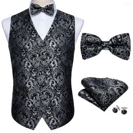 Men's Vests Black Floral Silk Vest Waistcoat Men Suit Silver Butterfly Handkerchief Cufflinks BowTie Barry.Wang Business Design