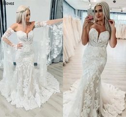 Sweetheart Bohemian Lace Mermaid Wedding Dresses With Removabe Bell Sleeves Sexy Maternity Bridal Gowns Vintage Country Trumpet Reception Dress For Bride CL1874