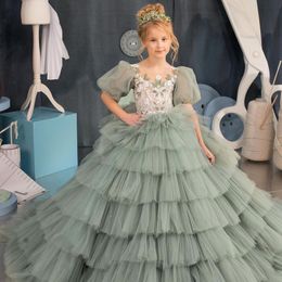 Green Ruffles Flower Girls Dresses Puffy Sleeve Tiere Kids Pageant Gown Button Back First Communion Toddler Birthday Dress