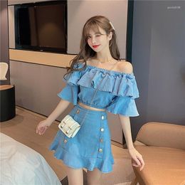 Work Dresses Spring Autumn Denim Suits Women's One-Shoulder Top High Waist Mermaid Skirt Two-Piece Sets Laides