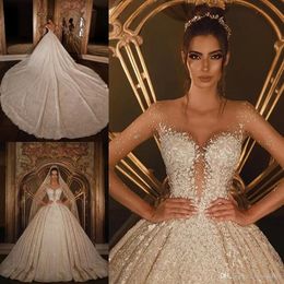 African Luxurious Said Mhamad Ball Gown Wedding Dresses Beaded Lace 3D Appliques Crystal Plus Size Bridal Gowns