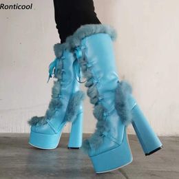 Ronticool Luxury Women Winter Mid Calf Boots Faux Fur Chunky Heels Round Toe Nice Light Blue White Party Shoes Plus US Size 5-15