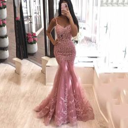 Pink Mermaid Formal Evening Dress Sleeveless Sexy V Neck Long Prom Party Gowns Custom Made Evening Party Gowns