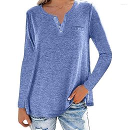 Women's T Shirts 2023 Autumn Winter Women's V-Neck Button Pocket Long-Sleeve Pullover T-Shirt Ladies Casual Loose Street Style Tops