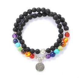 Charm Bracelets Tree Of Life 6Mm Chakra Charms Black Lava Stone Bracelet Volcano Beads Aromatherapy Essential Oil Diffuser For Women Dhhxe