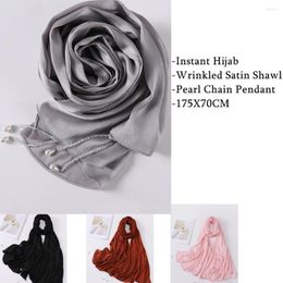 Ethnic Clothing Fashion Women Underscarf Wrinkled Satin Hijab Shawl With Pearl Chain Pendant Accessories Embellished Scarf 175x70CM