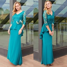 Elegant Teal Mother Of The Bride Dresses Peplum V-Neck Lace Applique Long Plus Size Wedding Party Gowns With Flowers Sash Guest Groom Mom Prom Evening Wear