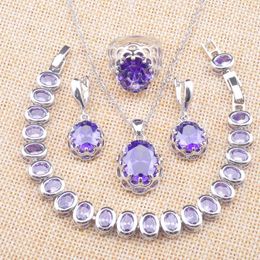 Necklace Earrings Set 2023 Women's Wedding Jewelry Pendant Purple Crystal Silver Color Rings Bracelet