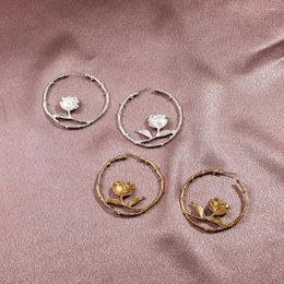 Hoop Earrings Retro Vintage Rose Flower For Women Romantic Creative C-shaped Hollow Round Circle Party Jewellery Gifts