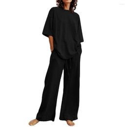 Women's Two Piece Pants 2 Pcs/Set Women T-shirt Set Solid Color Elastic Waist Half Sleeves Loose O Neck Summer Top Trousers 2023