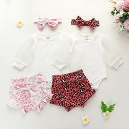 Clothing Sets Baby Girls Boys Clothes Puff Sleeve White Romper Tops Leopard Print Shorts Headband 3pcs 0-18M Outfit